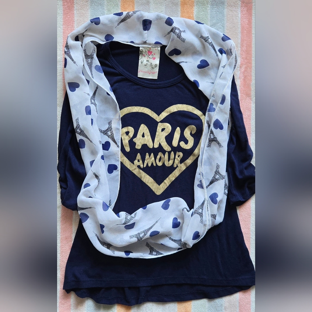 *Back To School* Girls (5) Navy Blue Paris Shirt with Attached Infinity Scarf